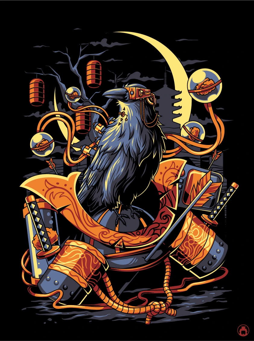 A cybernetic crow with blue-gray feathers and copper wiring, perched among samurai armor beneath a gold crescent moon. Artwork by Angga Tantama.